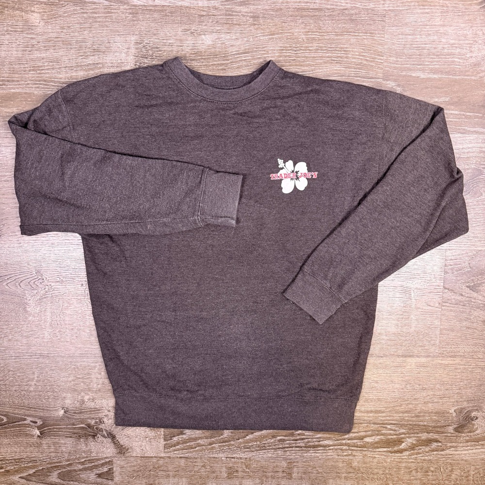 Trader Joe's Crewneck Sweatshirt Mens XL Gray Hibiscus Flower Logo Pullover